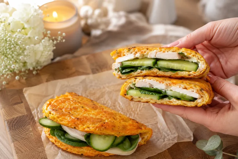 Carrot cheese protein flatbread folded with chicken breast, cucumber, spinach, and cottage cheese filling