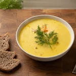 Creamy cheese soup with chicken meatballs served in a bowl with dill and bread on the side