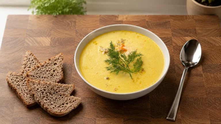 Creamy cheese soup with chicken meatballs served in a bowl with dill and bread on the side