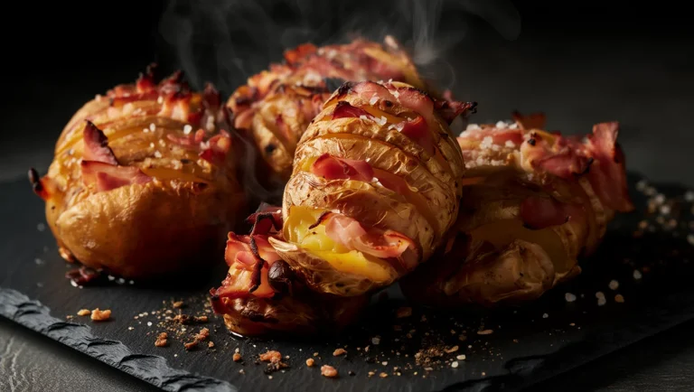 Crispy Hasselback potatoes with bacon on a dark serving board