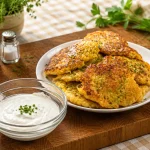 Golden crispy potato pancakes served with sour cream on a wooden board