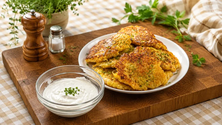 Golden crispy potato pancakes served with sour cream on a wooden board
