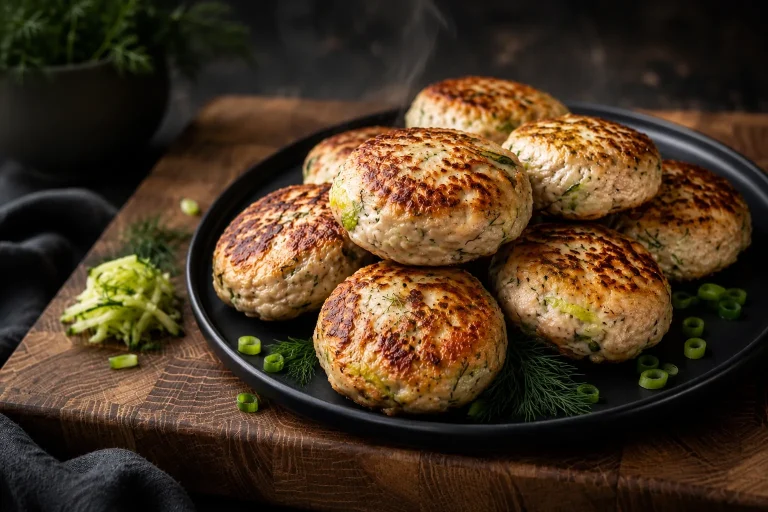 Golden high-protein chicken patties with cottage cheese, zucchini, and dill on a black plate