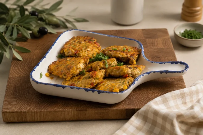 Golden chicken kotleti with corn, cheese, bell pepper, and herbs in a white serving dish