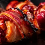 Juicy bacon-wrapped chicken skewers with tomato glaze baked until golden