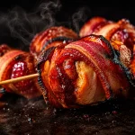 Juicy bacon-wrapped chicken skewers with tomato glaze baked until golden
