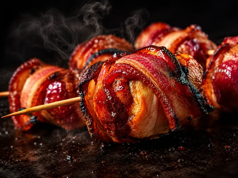 Juicy bacon-wrapped chicken skewers with tomato glaze baked until golden