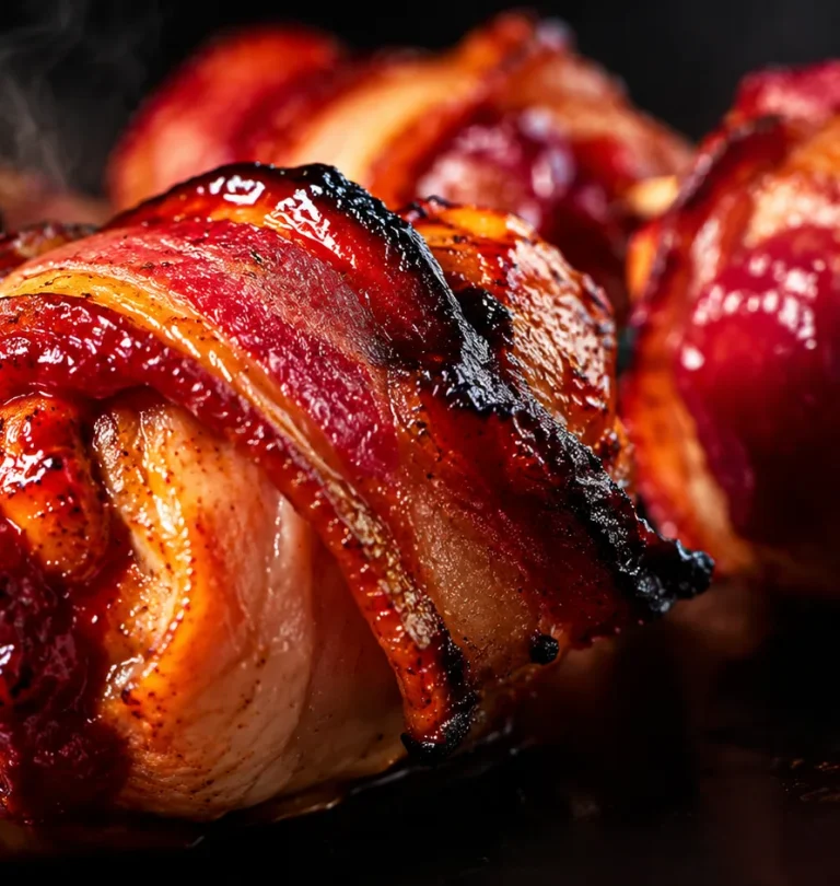 Juicy bacon-wrapped chicken skewers with tomato glaze baked until golden