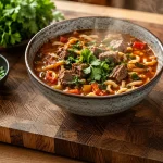 Bowl of rich beef laghman soup with beef, vegetables, herbs, and homemade egg noodles