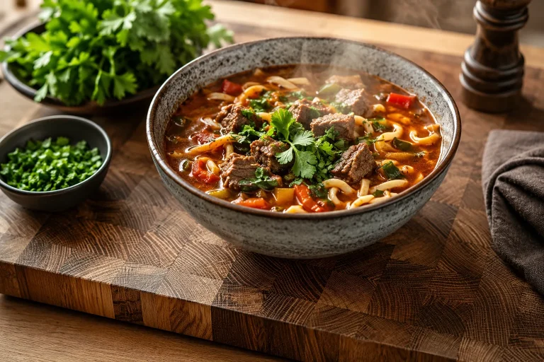 Bowl of rich beef laghman soup with beef, vegetables, herbs, and homemade egg noodles