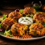 Golden crispy red lentil patties served with sour cream and fresh dill