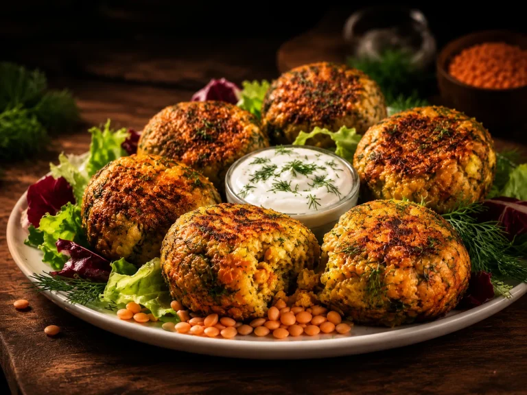 Golden crispy red lentil patties served with sour cream and fresh dill