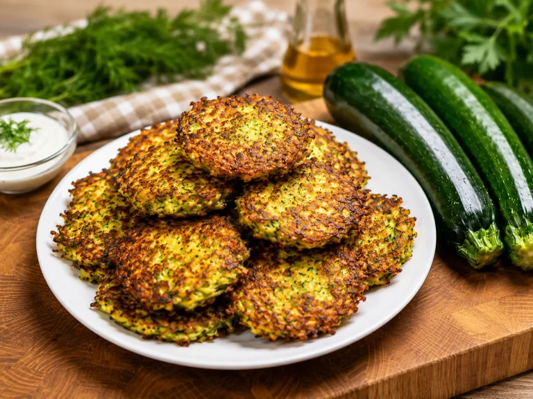 Golden crispy zucchini fritters with cheese served with yogurt sauce