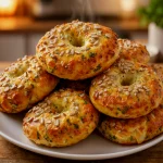 Golden high protein cottage cheese bagels with seeds on a plate