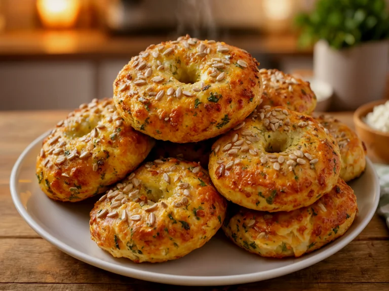 Golden high protein cottage cheese bagels with seeds on a plate