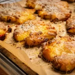 Golden crispy Parmesan smashed potatoes on a baking tray